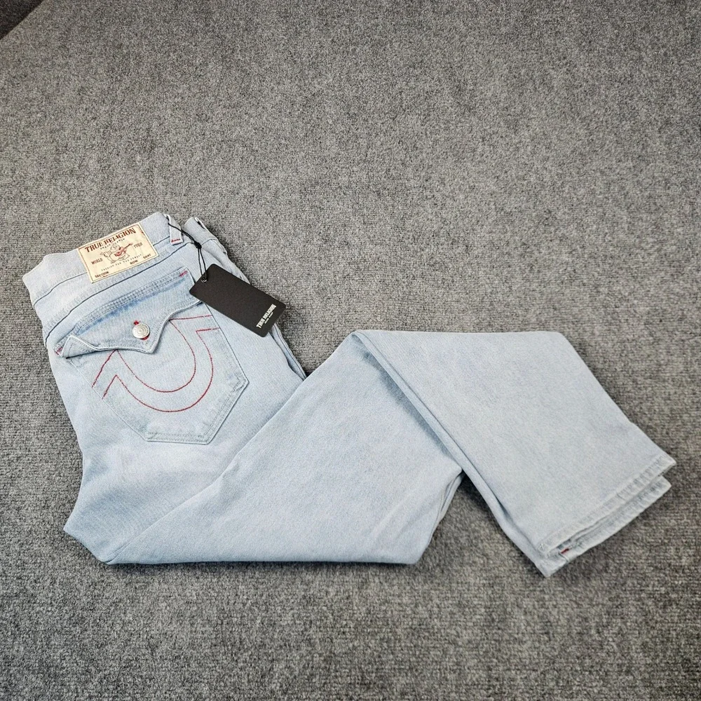 $184 True Religion Mens Geno Relaxed Slim Patch Jeans Light Journey Wash W34 L32
